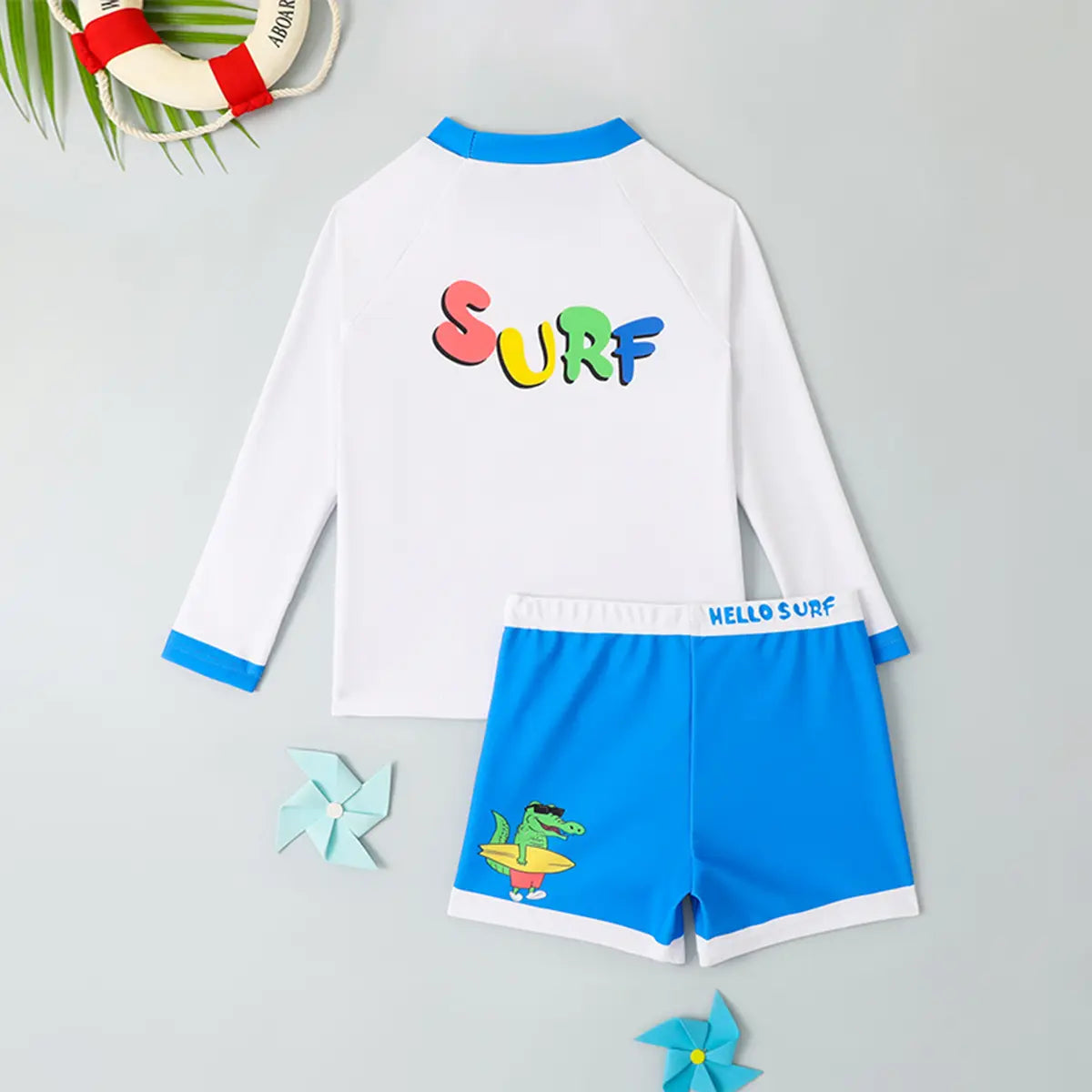Boys White Graphics Long Sleeves T-Shirt & Short Swimwear Sets Beachwear