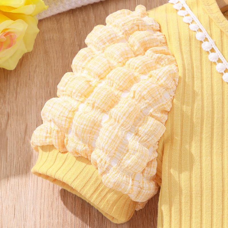 Girls Yellow Puff Sleeves Round Neck Bodycon Dress With Sling Bag Casual Dresses