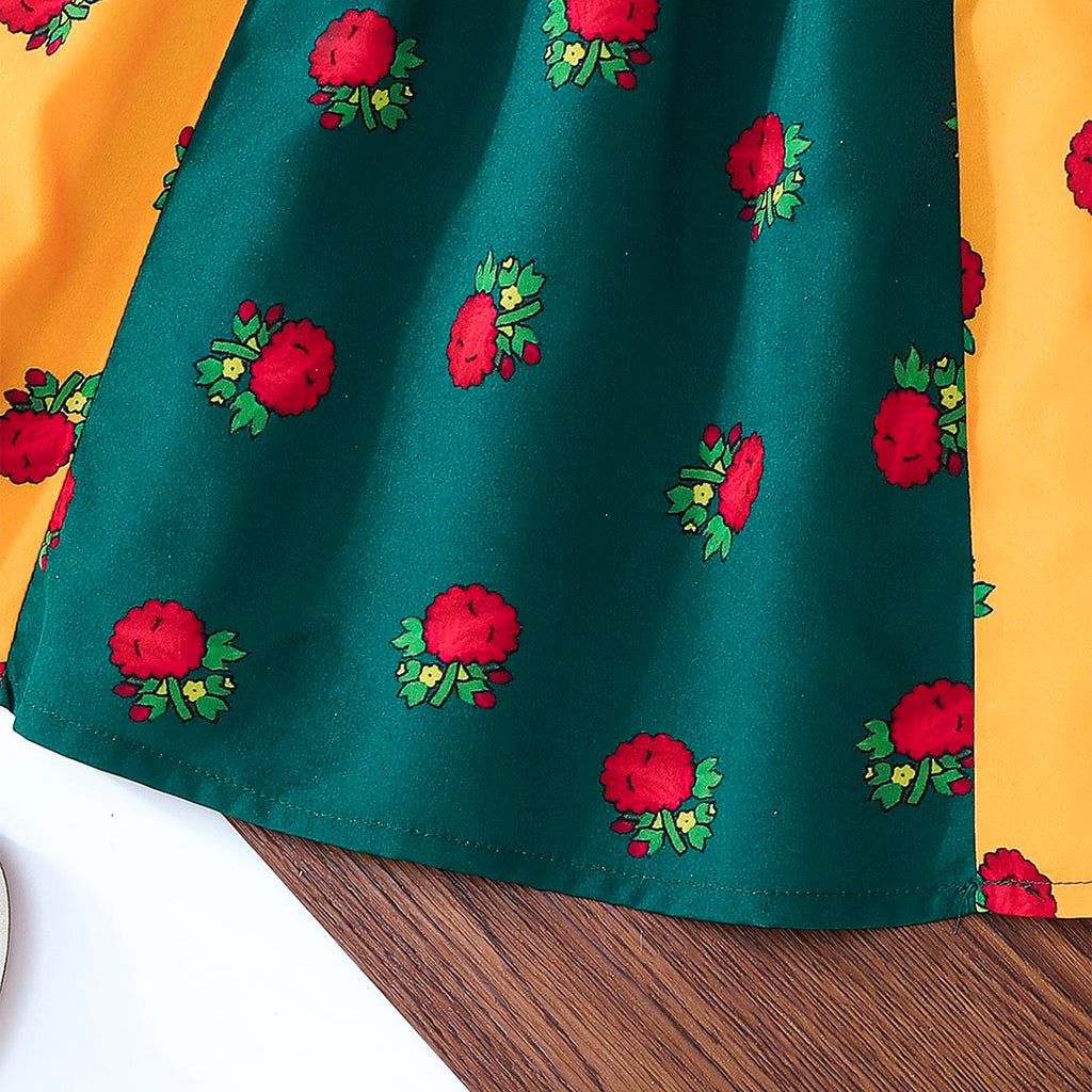 Girls Green Short Sleeve Floral Printed Fit & Flare Dress Casual Dresses