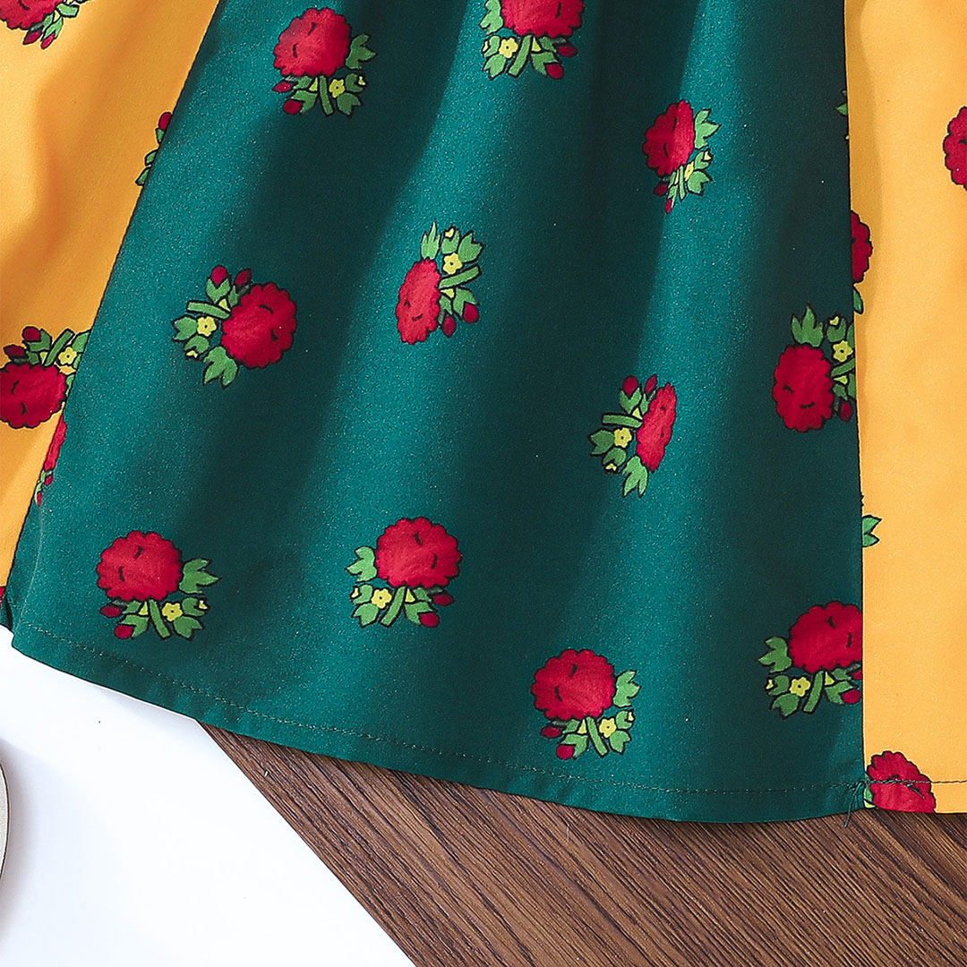 Girls Green Short Sleeve Floral Printed Fit & Flare Dress Casual Dresses