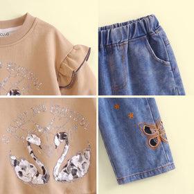 Girls Khaki Graphic Ruffled Sweatshirt & Denim Pants Sets Sets