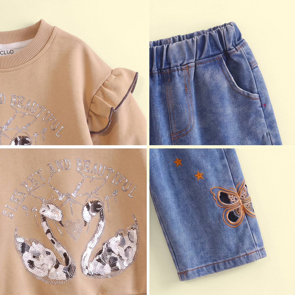 Girls Khaki Graphic Ruffled Sweatshirt & Denim Pants Sets Sets