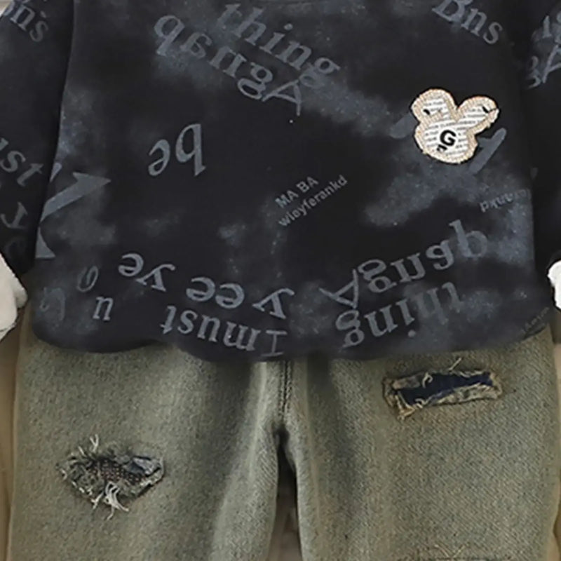 Boys Black Typographic Regular Sweatshirt With Denim Trousers Sets 2 pc. Sets