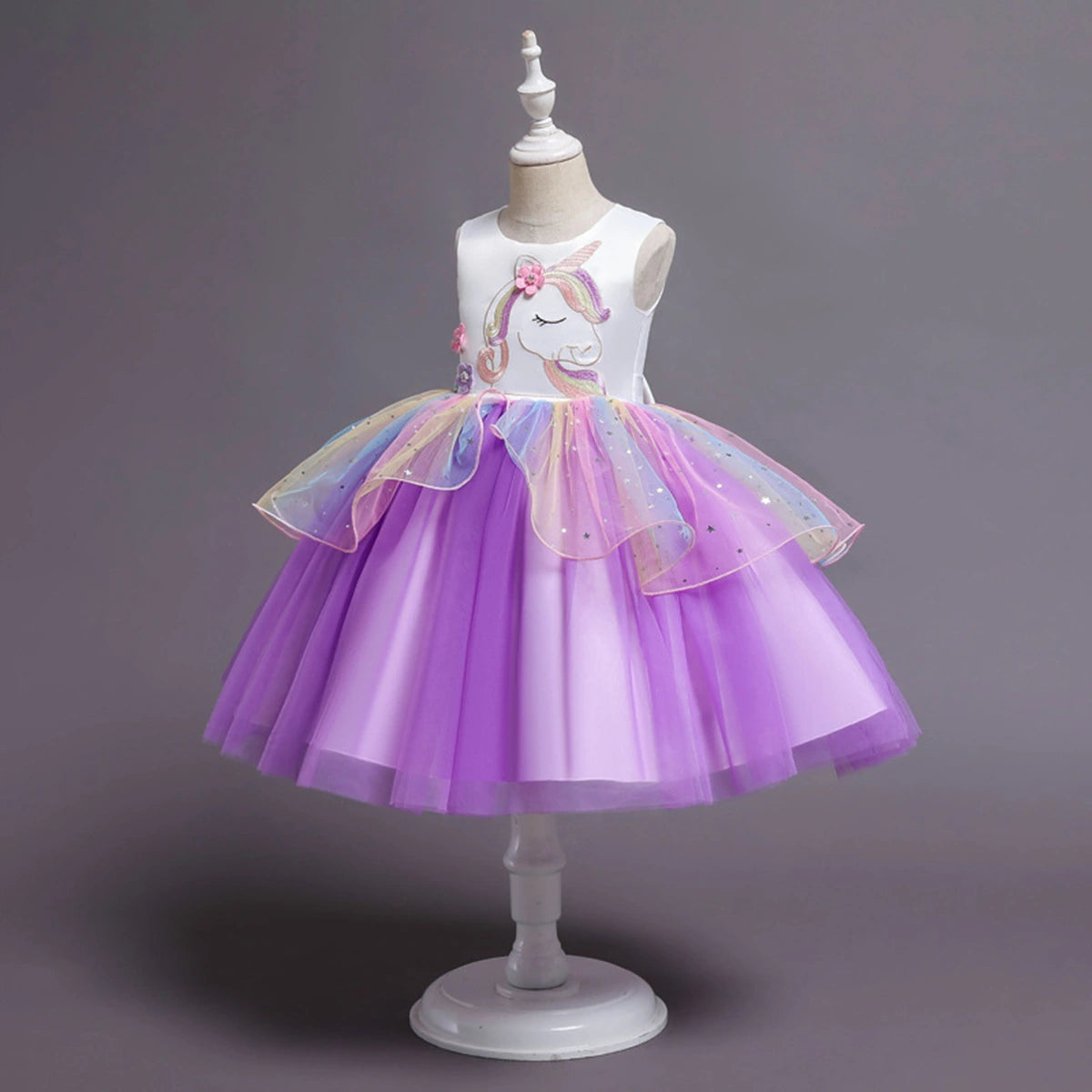Girls Purple Unicorn Embroidered Sleeveless Fit & Flare Party Wear Dress Party Dresses