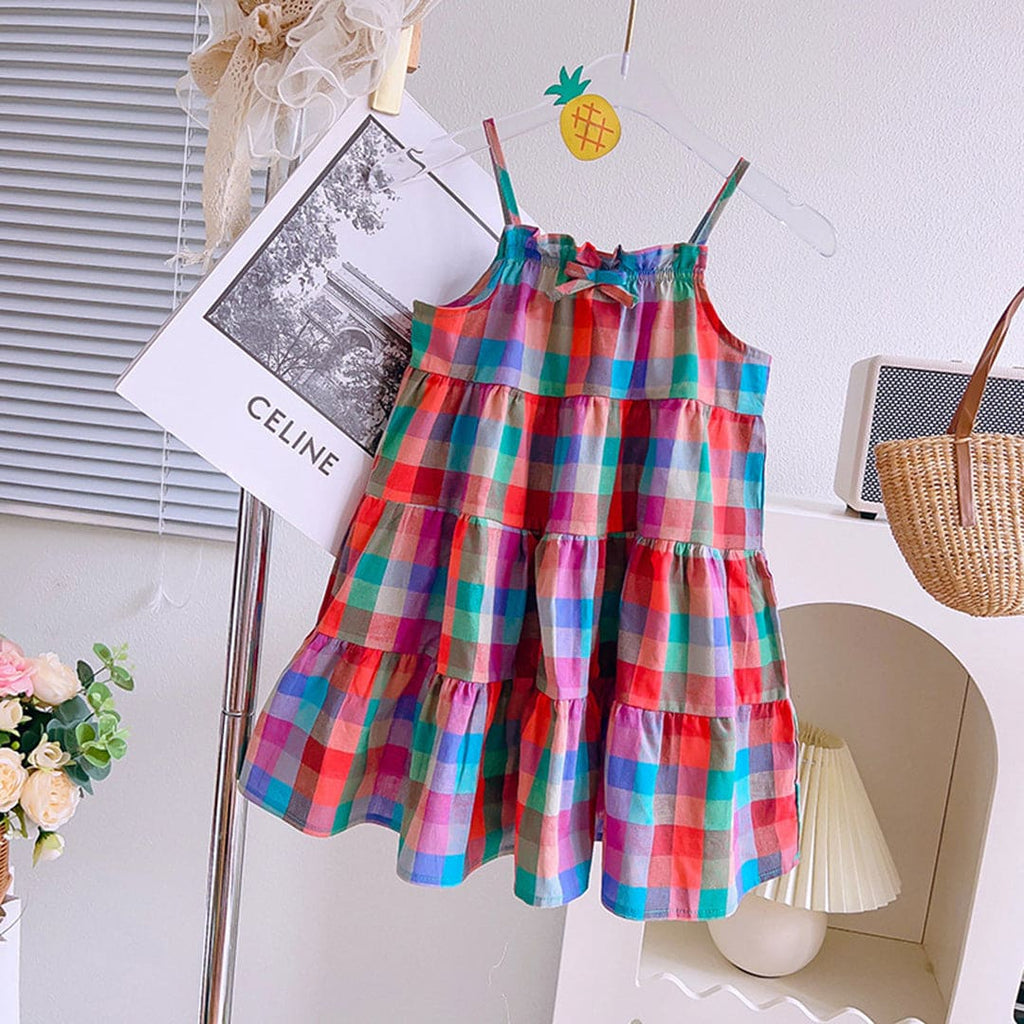 Girls Checkered Tiered Casual Dress Casual Dresses Red 1-2 Y 