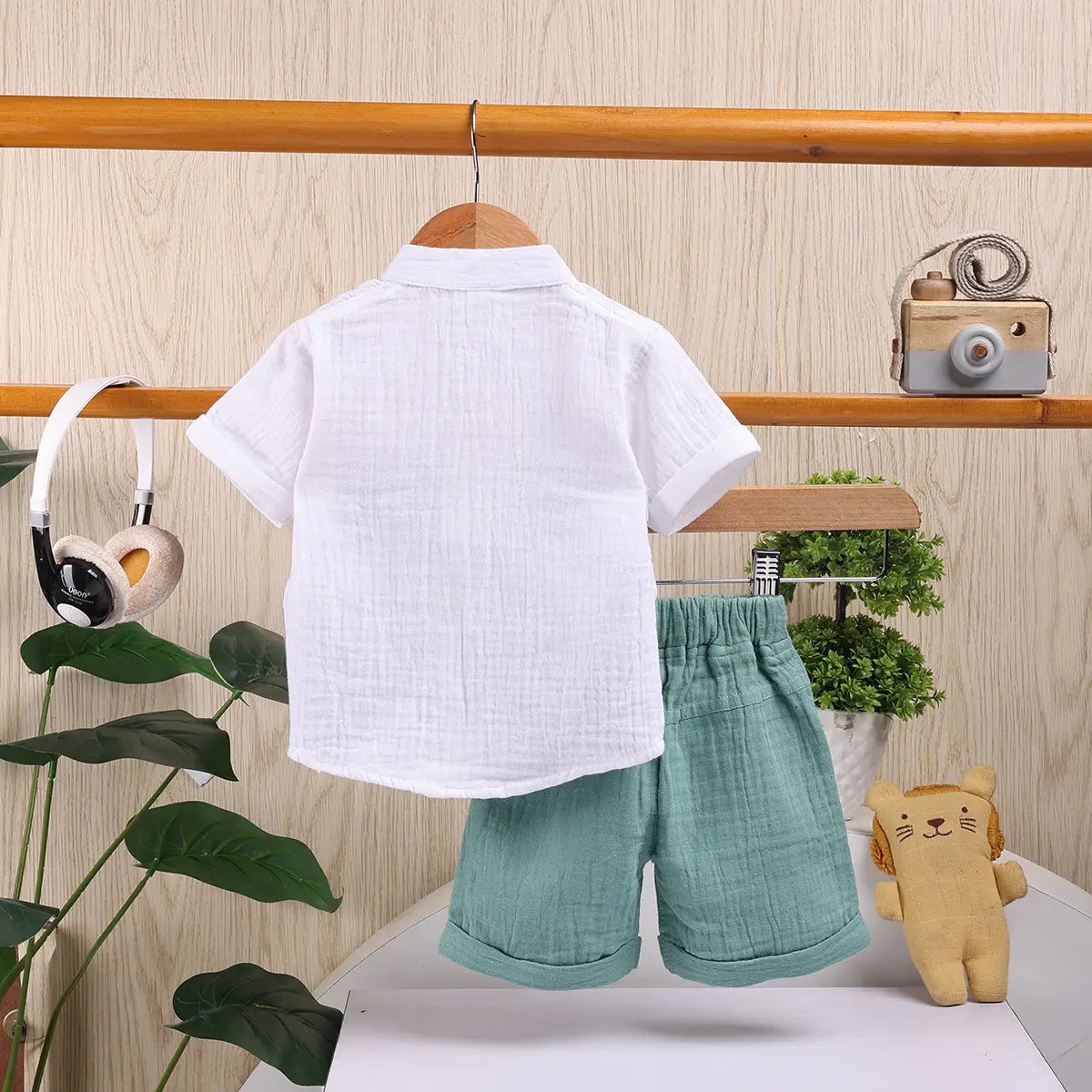 Boys Green Embroidered Short Sleeve Shirt With Elasticated Shorts Sets 2 pc. Sets