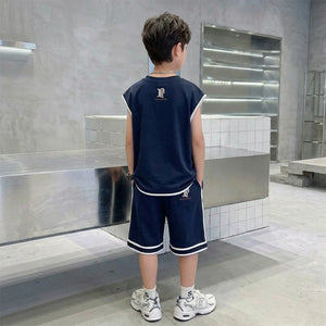 Boys Navy Blue Typographic Sleeveless T-Shirt With Elasticated Shorts Sets Sets