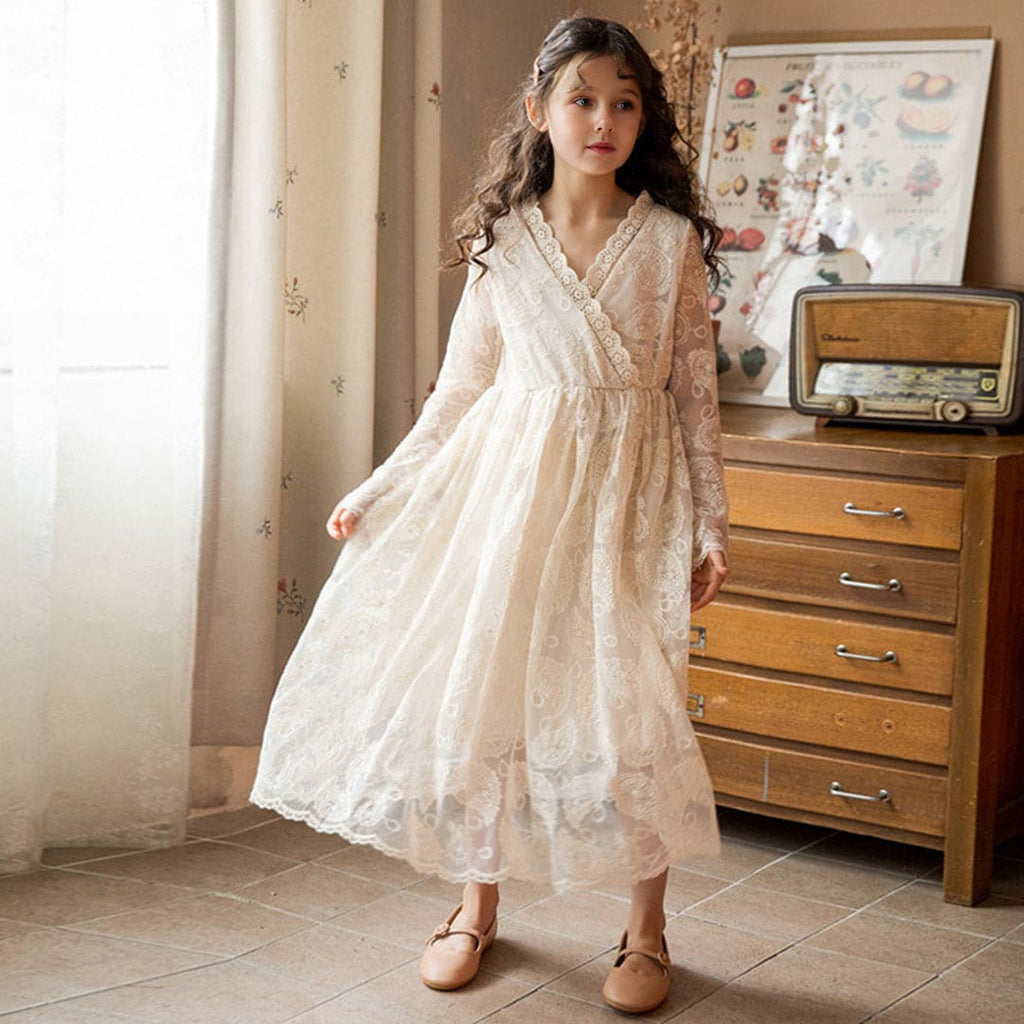 Girls Embroidered Long Sleeve Ankle Length Dress