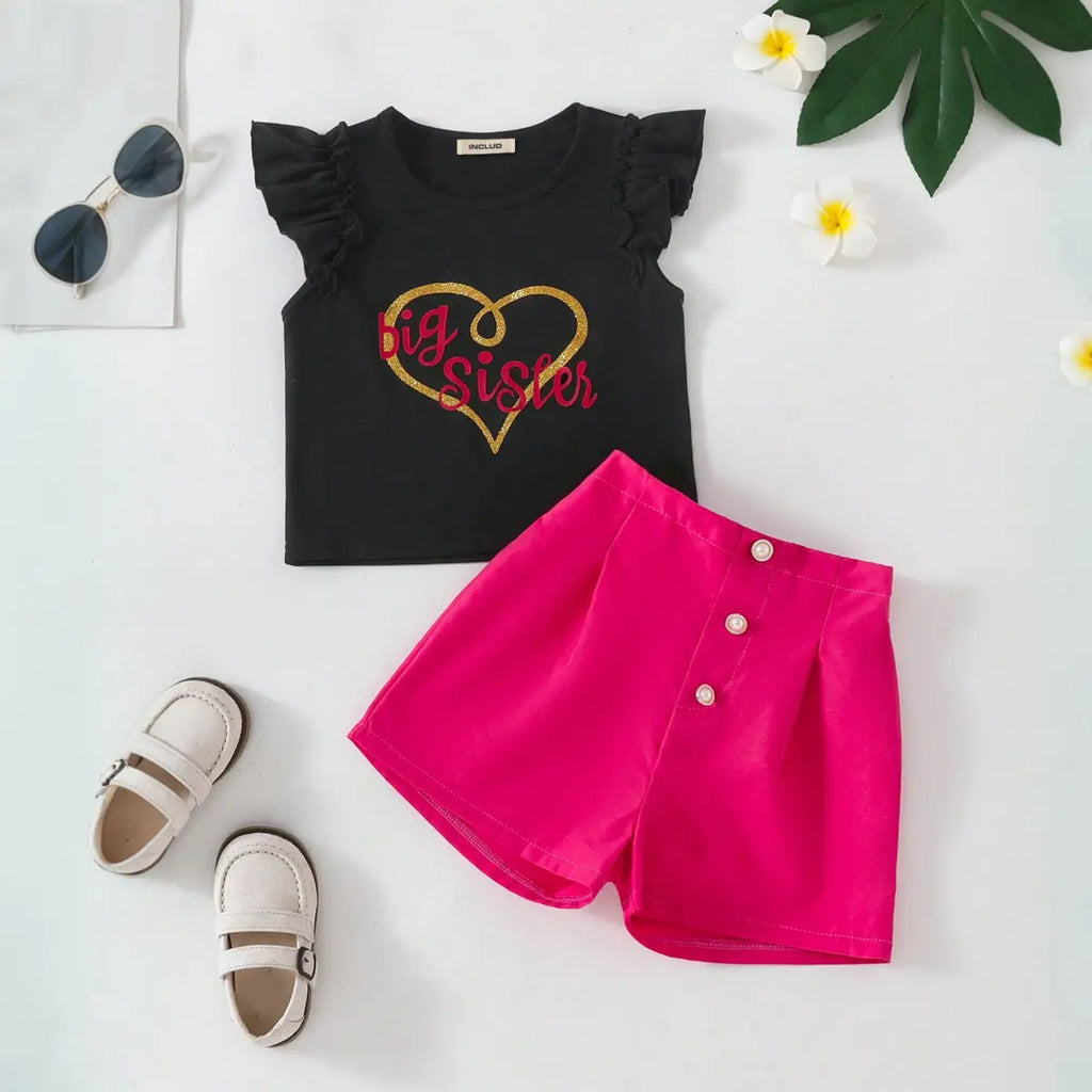 Girls Typographic Printed Top With Fuchsia Shorts Set Sets Fuchsia 3-4 Y