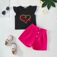 Girls Typographic Printed Top With Fuchsia Shorts Set Sets Fuchsia 3-4 Y