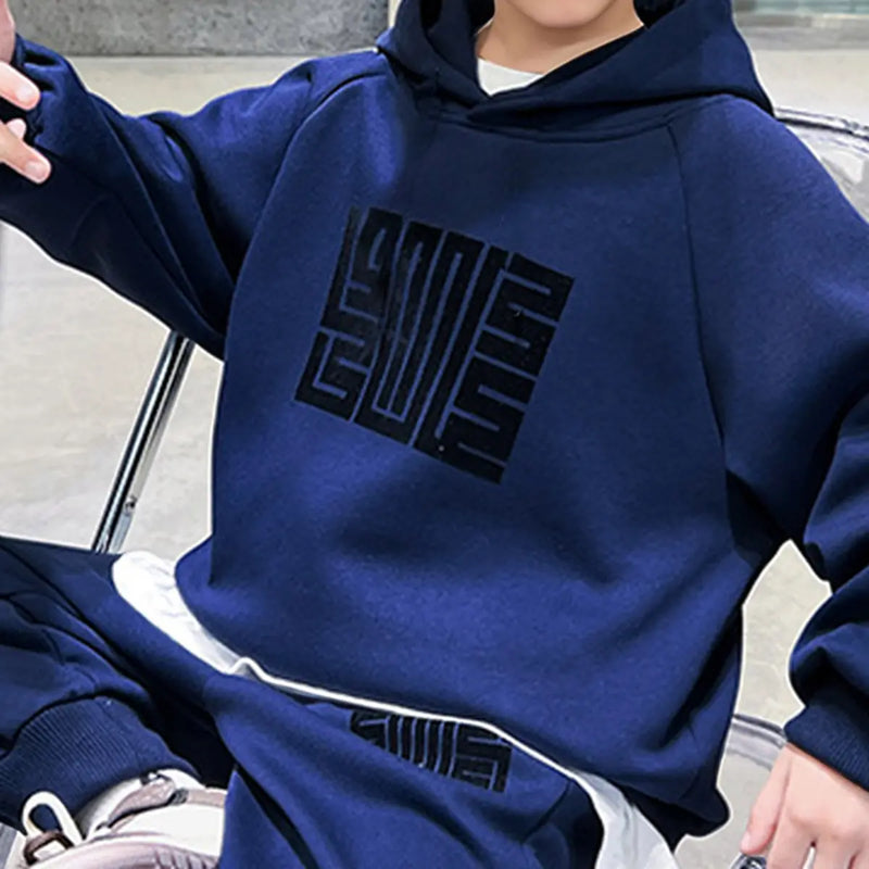 Boys Blue Abstract Printed Hooded Oversized Sweatshirt With Jogger Sets Sets