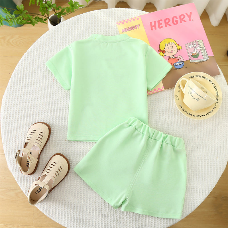 Girls Green Cartoon Printed T-shirt with Knitted Shorts Set Sets