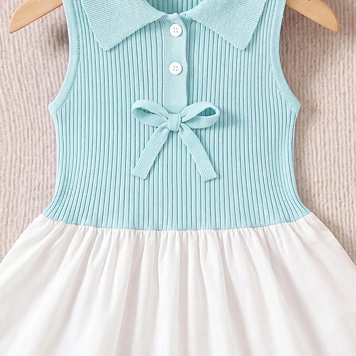 Girls Blue Sleeveless Ribbed Shirt Collar Drop Waist Dress Casual Dresses