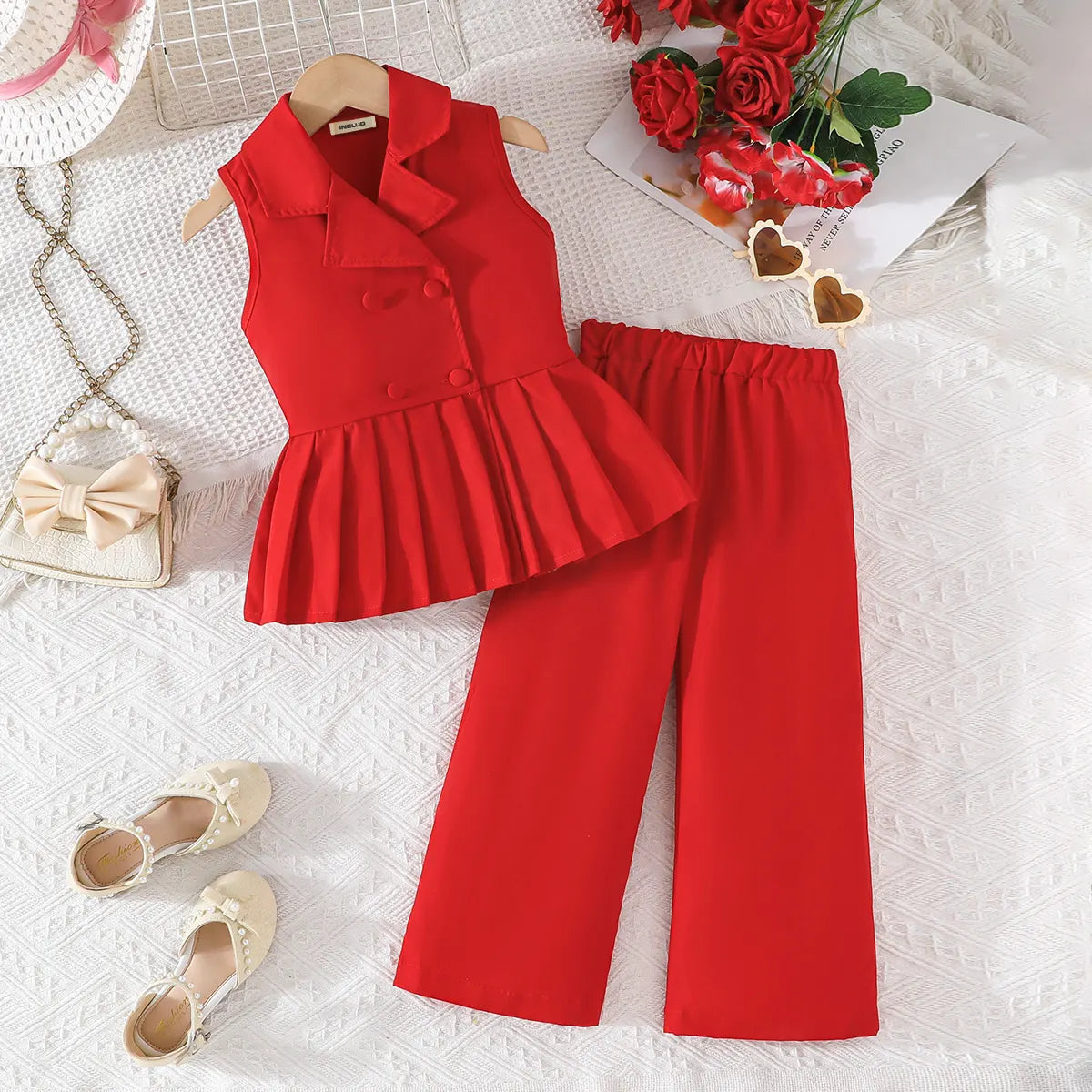 Girls Red Sleeveless Blazer Top With Wide Leg Pants Co-ord Sets Sets Red 2-3 Y