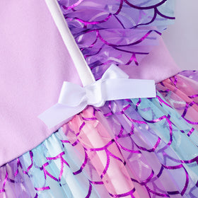 Girls Purple Mermaids Printed Square Neck Dress Casual Dresses