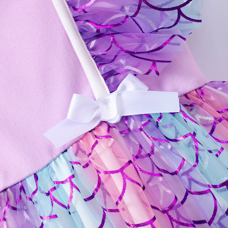 Girls Purple Mermaids Printed Square Neck Dress Casual Dresses