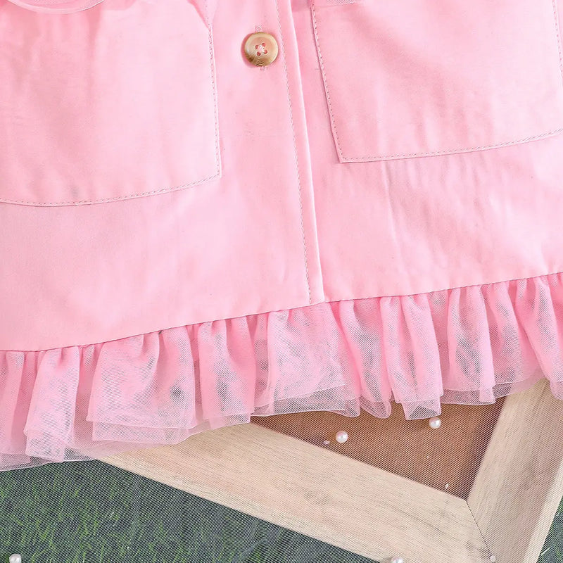 Girls Pink Sleeveless Blazer Dresses With Tulle Ruffles Hem Casual Dresses
