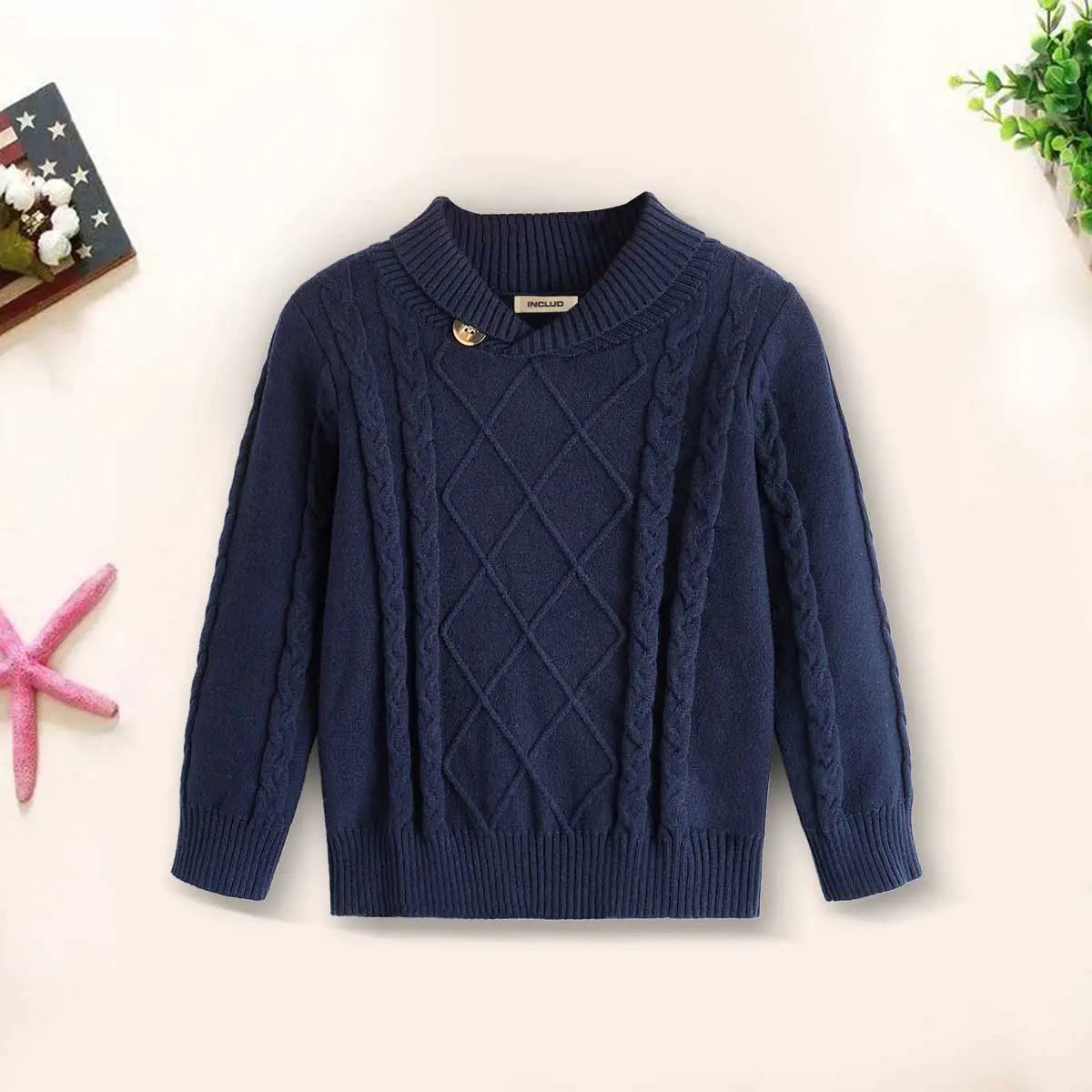 Boys Navy Blue Self-Design Cable-Knit Sweater Sweaters & Cardigans Navy Blue 3-4 Y