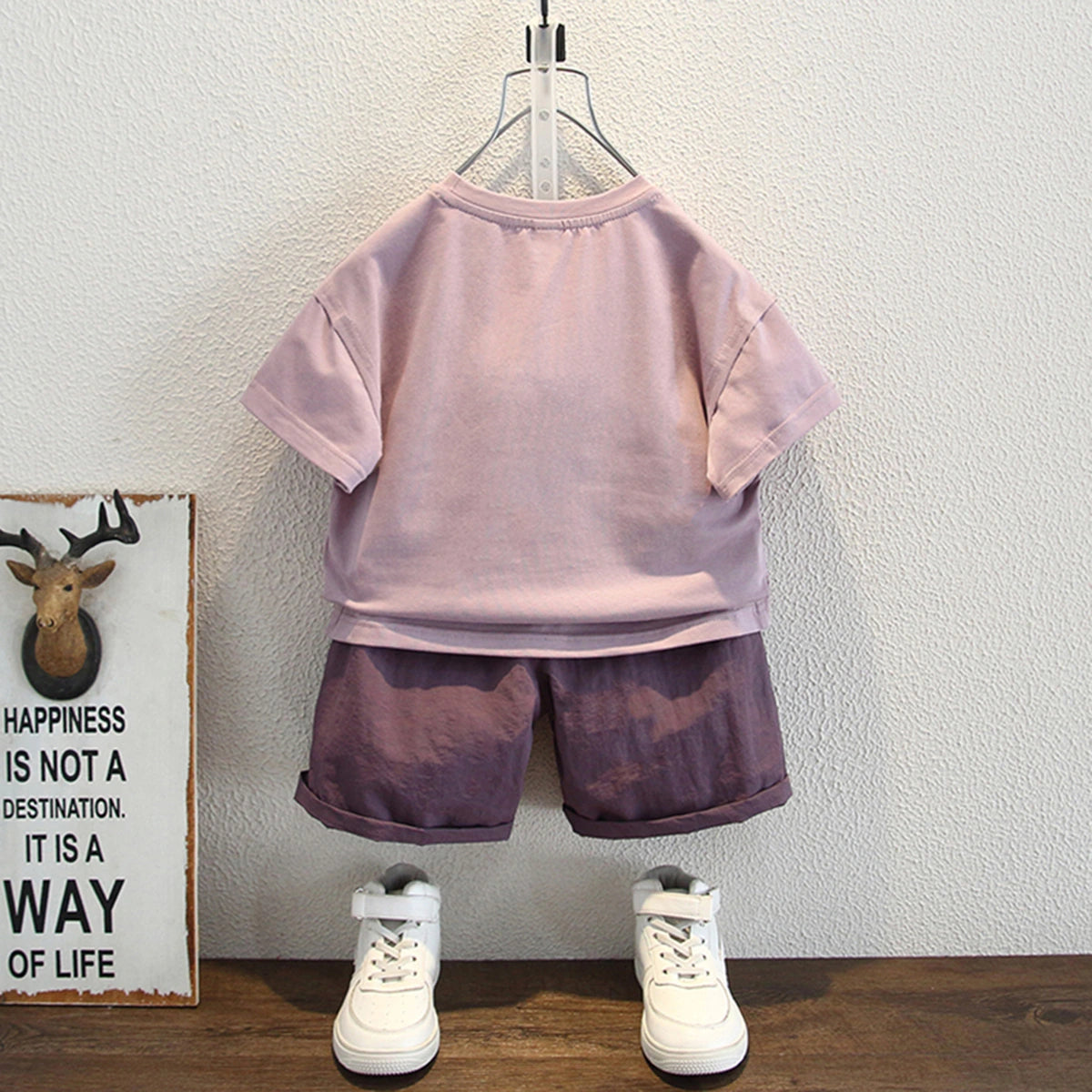 Boys Mauve Typographic Print Short Sleeves T-Shirt With Shorts Set Sets