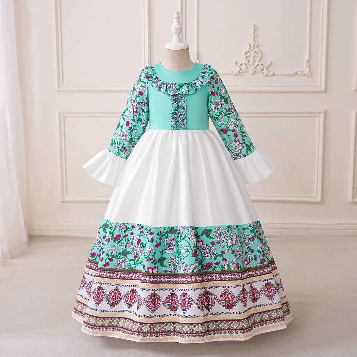 Girls Teal Floral Print Maxi Dress With Long Sleeves Casual Dresses Teal 3-4 Y