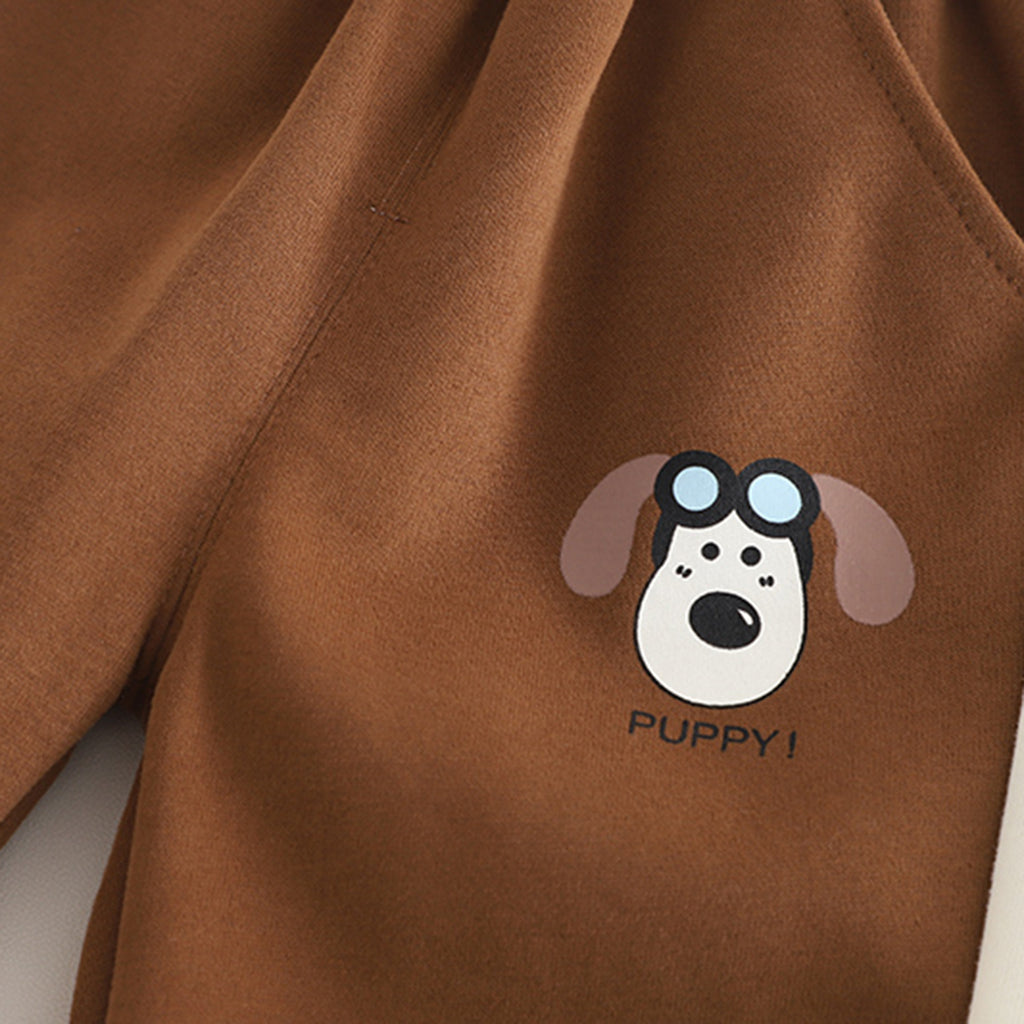 Boys Brown Puppy Cartoon Printed Winter Polo Sweatshirt With Pants Set 2 pc. Sets