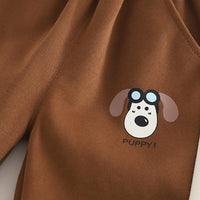Boys Brown Puppy Cartoon Printed Winter Polo Sweatshirt With Pants Set 2 pc. Sets