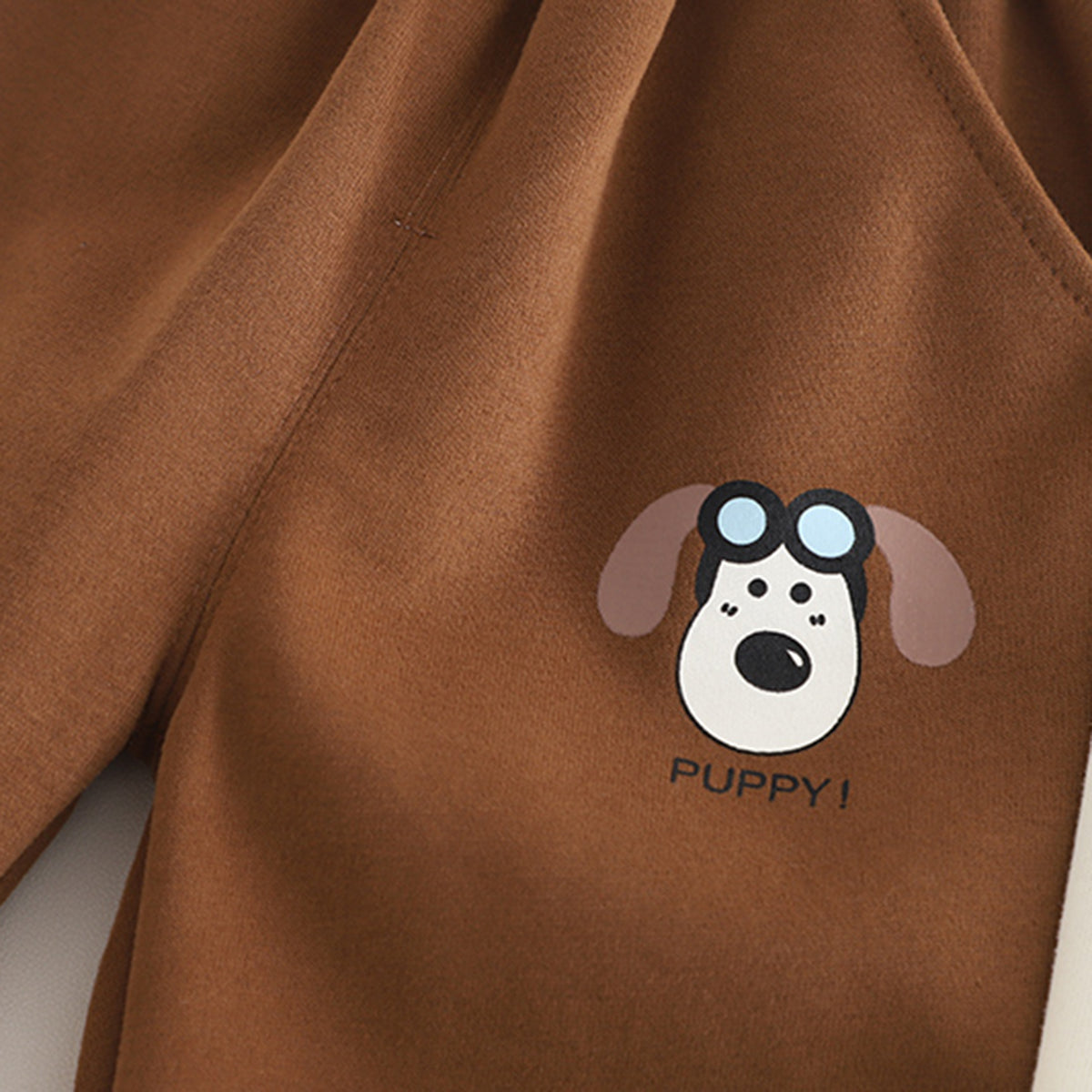 Boys Brown Puppy Cartoon Printed Winter Polo Sweatshirt With Pants Set 2 pc. Sets