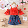 Girls Red Rose Cold Shoulder Top With Heart Embroidered Denim Shorts Sets Sets Red 2-3 Y