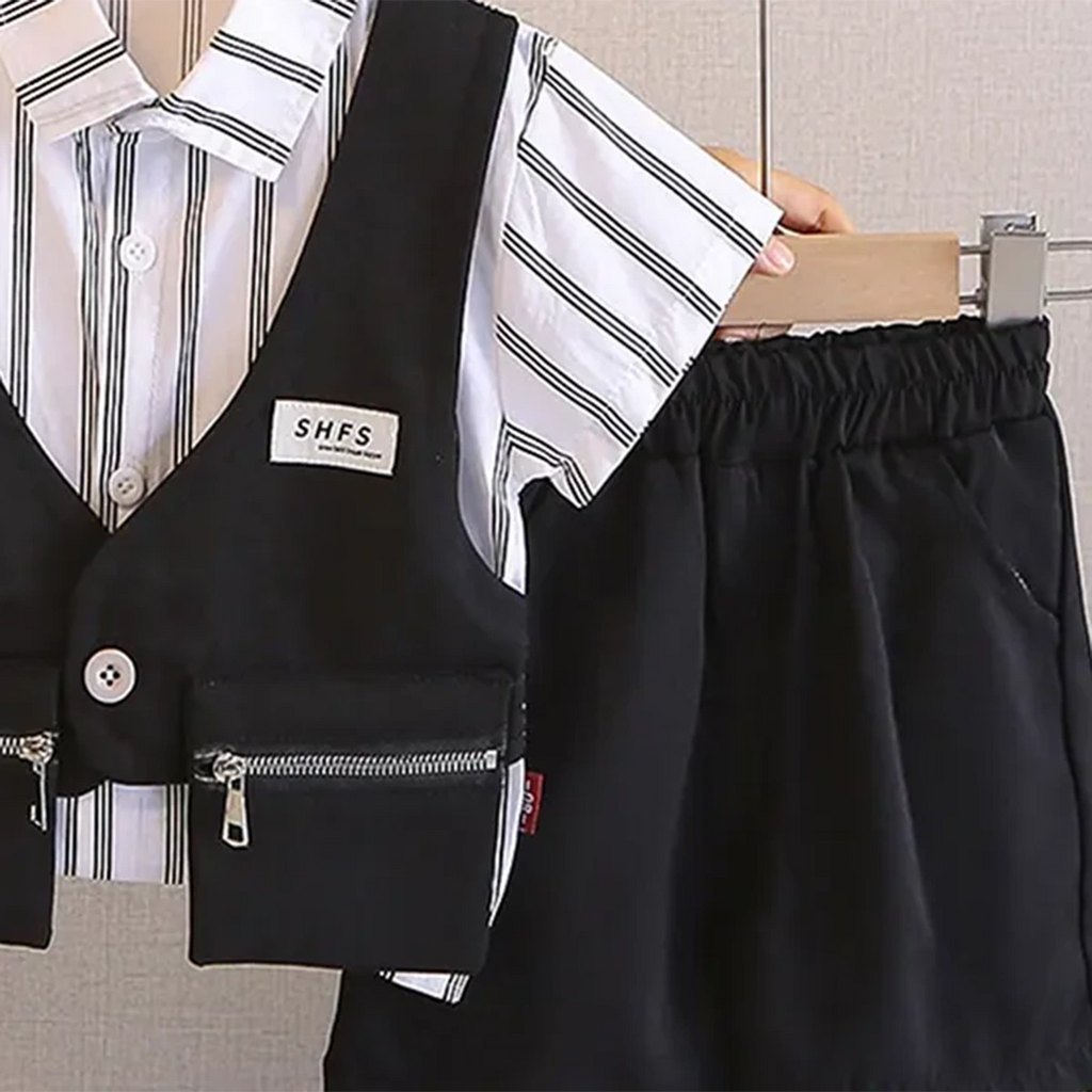 Boys Black Stripes Attached Front Waistcoat Shirt With Shorts Sets Sets