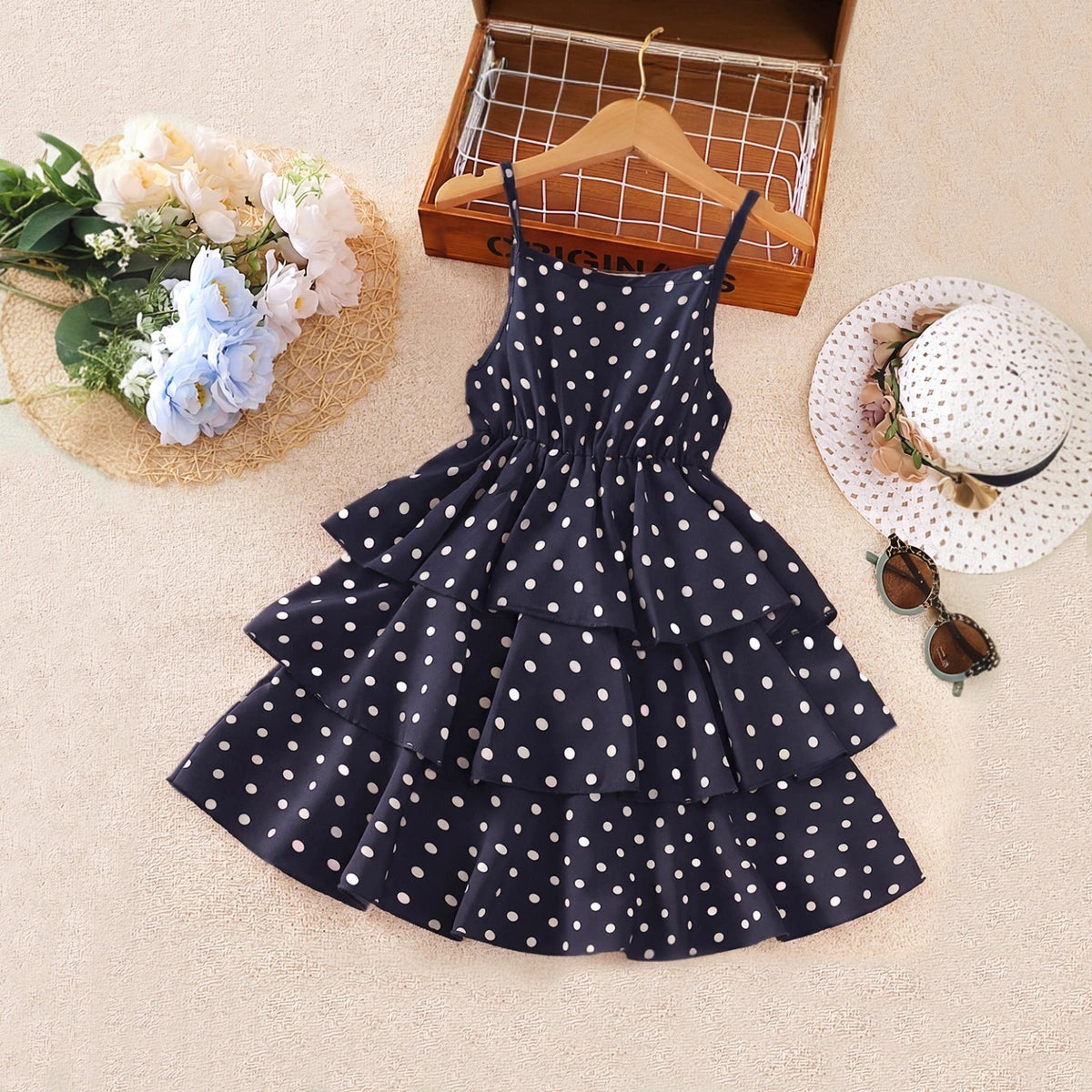 Girls Navy Blue Polka Dot Print Sleeveless Layered Dress Casual Dresses
