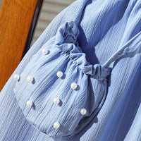 Girls Blue Textured Fit & Flare Dress With Embellished collar Casual Dresses