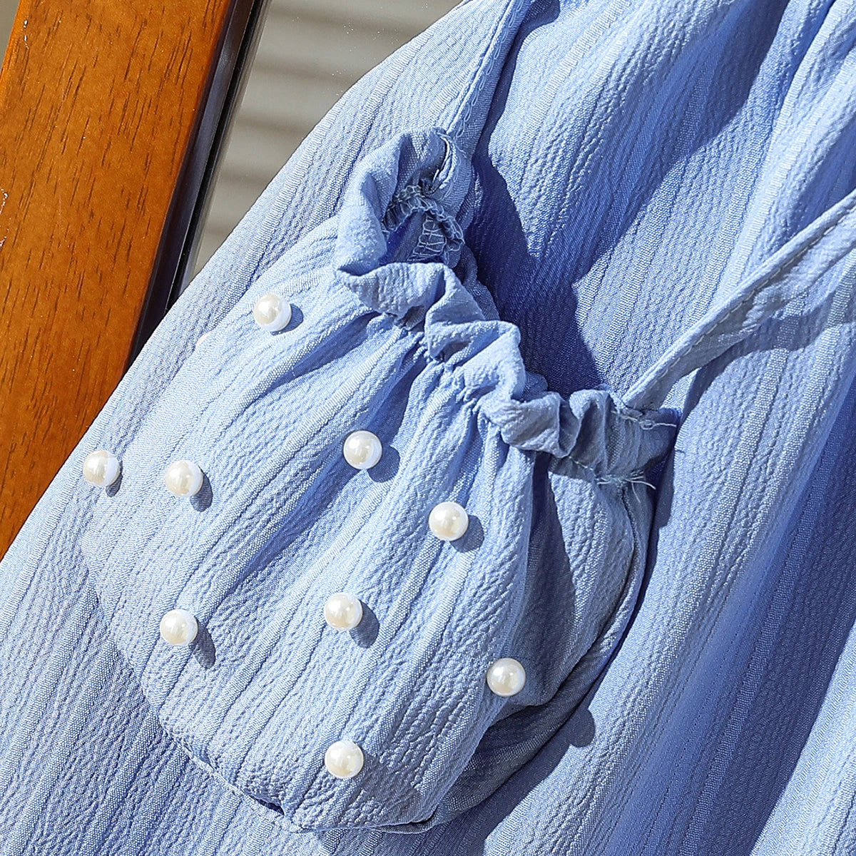 Girls Blue Textured Fit & Flare Dress With Embellished collar Casual Dresses