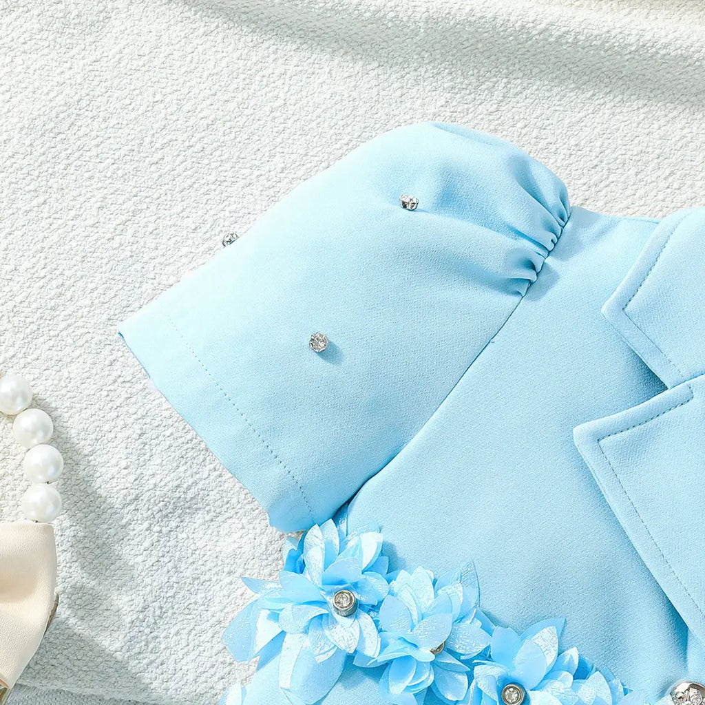 Girls Blue Floral Applique Top With Camisole Top And Pleated Skirts Sets 3 pc. Sets