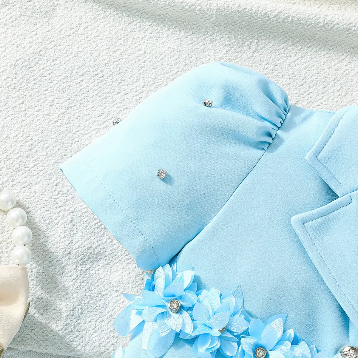 Girls Blue Floral Applique Top With Camisole Top And Pleated Skirts Sets 3 pc. Sets