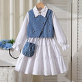 Girls White Long Sleeves Tiered Dress With Pearl Embellishments Denim Vest & Sling Bag Casual Dresses White 3-4 Y
