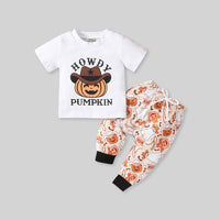 Boys Pumpkin Print T-Shirt With Halloween Printed Pants 2 pc. Sets   
