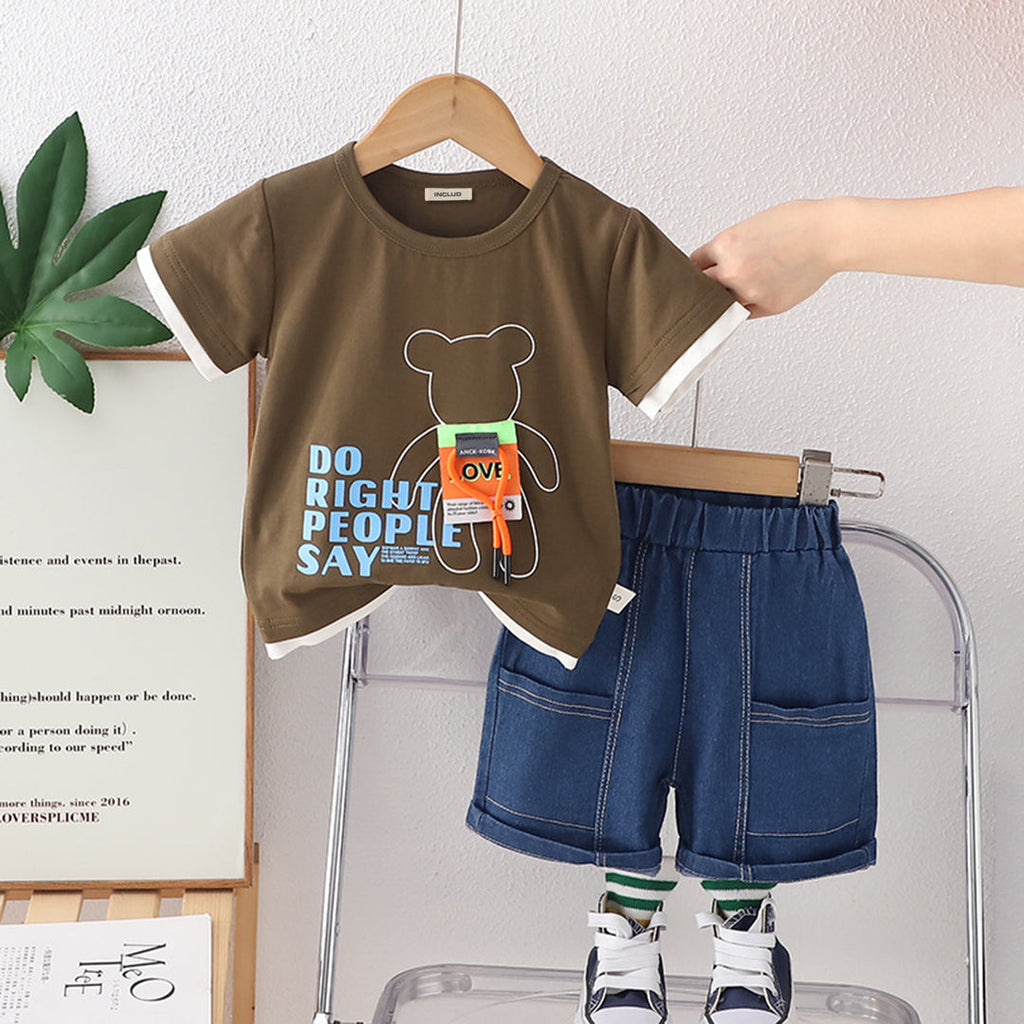 Boys Bear Print Short Sleeve Graphic T-Shirt With Denim Shorts 2 pc. Sets Brown 1-2 Y 