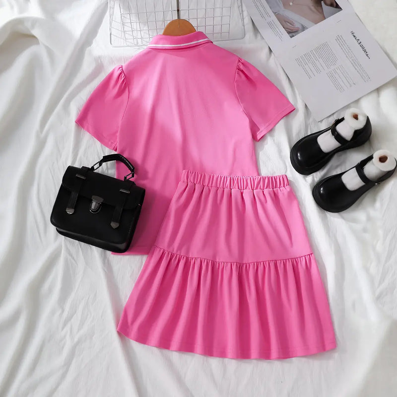 Girls Pink Short Sleeves Polo Top With Skirt Co-ord Sets Sets