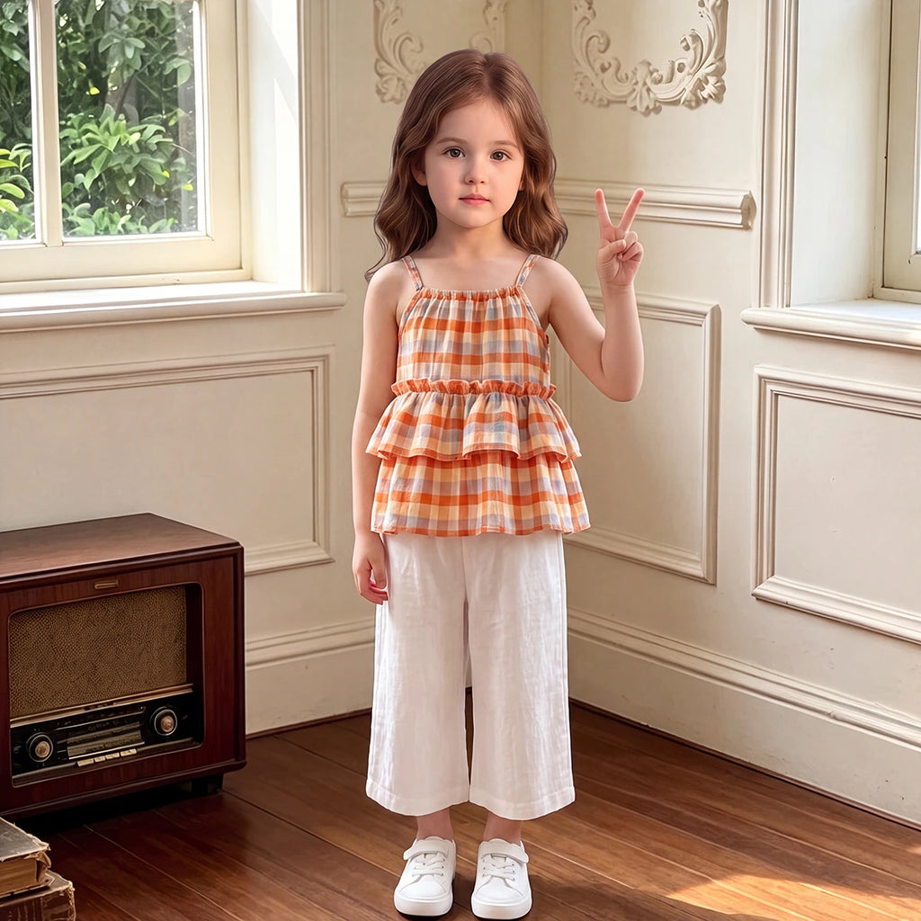 Girls Multicolour Checked Sleeveless Peplum Top With Crop Pants Sets 2 pc. Sets