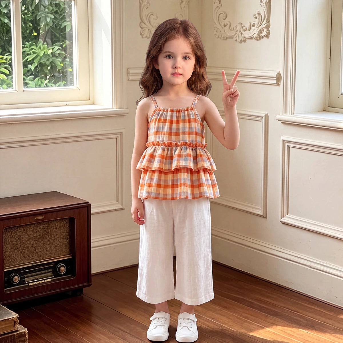 Girls Multicolour Checked Sleeveless Peplum Top With Crop Pants Sets 2 pc. Sets