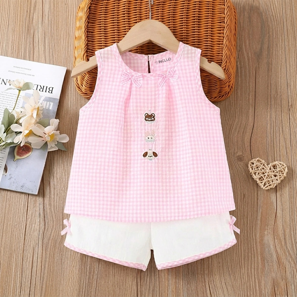 Girls Pink Checked A-line Top With Shorts Sets Sets Pink 1-2 Y