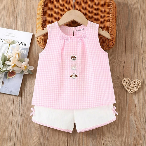 Girls Pink Checked A-line Top With Shorts Sets Sets Pink 1-2 Y