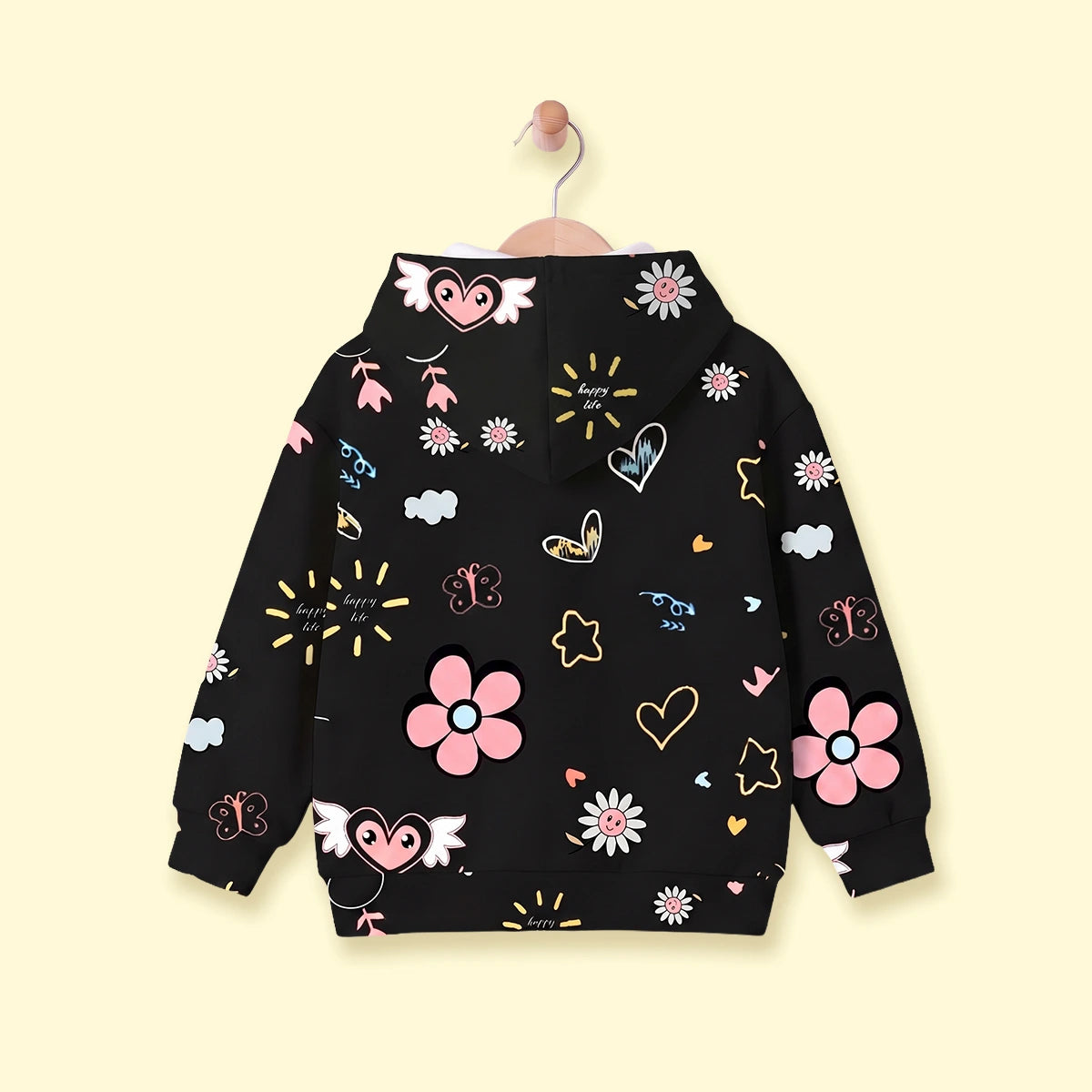 Girls Black Floral Print Long Sleeve Hooded Jacket Coats & Jackets