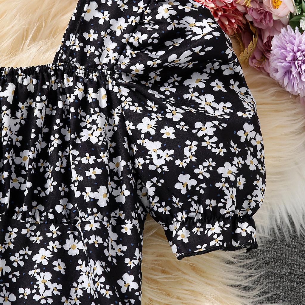 Girls Black Short Sleeve Floral Print Fit & Flare Dress Casual Dresses