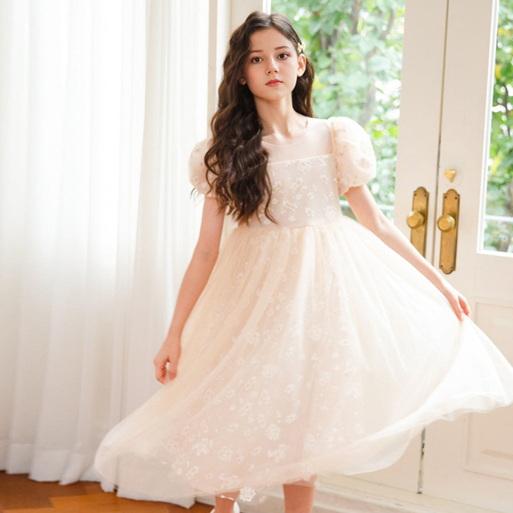 Girls Embellished Puff Sleeves Party Wear Dress