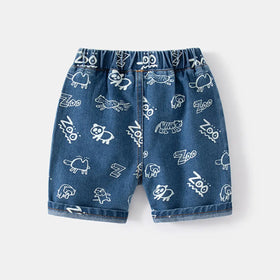 Boys Blue Animal Cartoon Printed Denim Shorts Shorts
