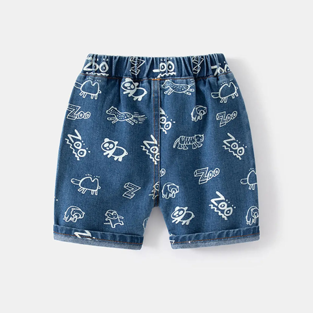 Boys Blue Animal Cartoon Printed Denim Shorts Shorts