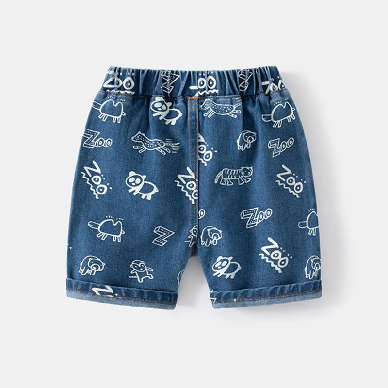 Boys Blue Animal Cartoon Printed Denim Shorts Shorts