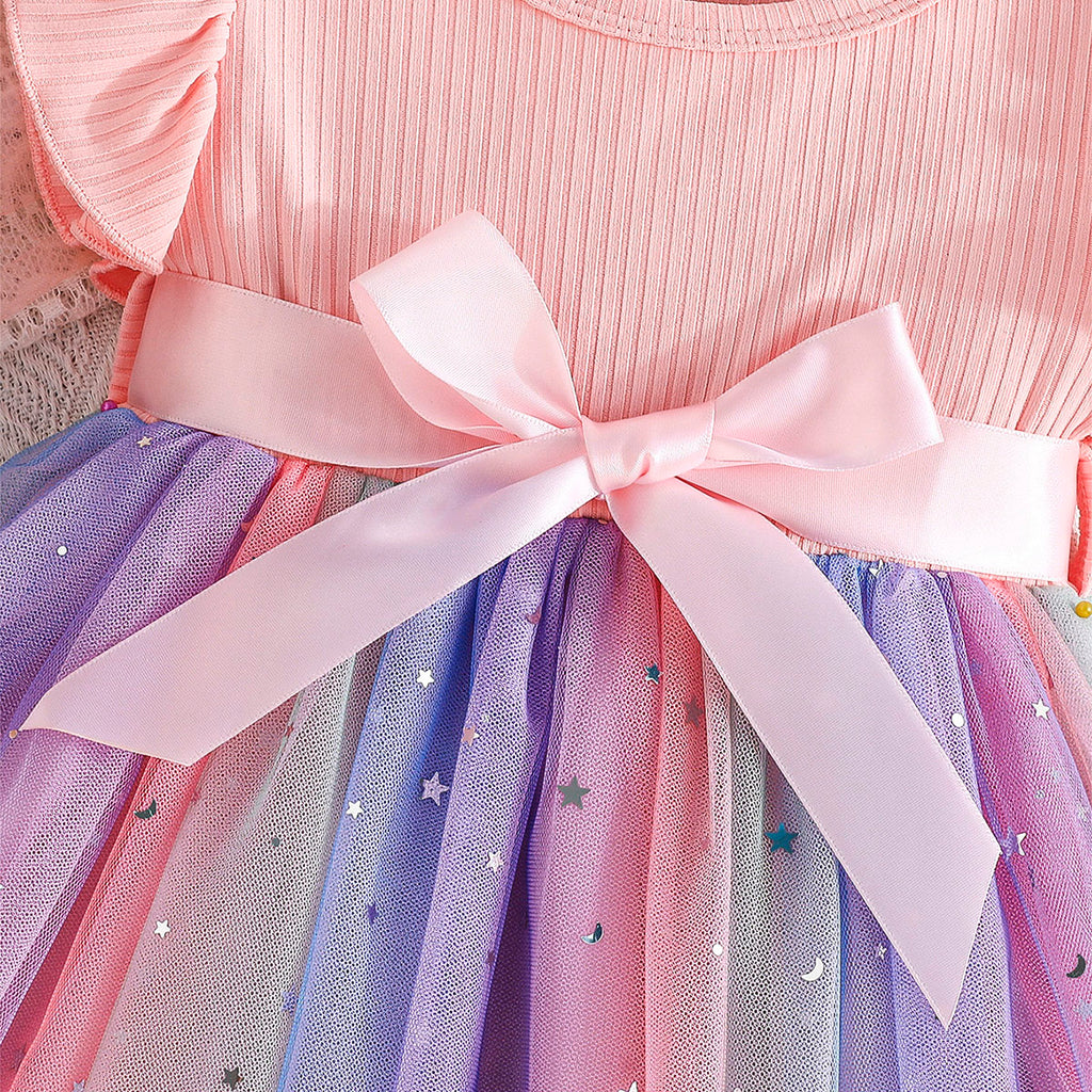 Girls Peach Star Printed Flutter Sleeves Dress Casual Dresses