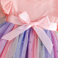 Girls Peach Star Printed Flutter Sleeves Dress Casual Dresses